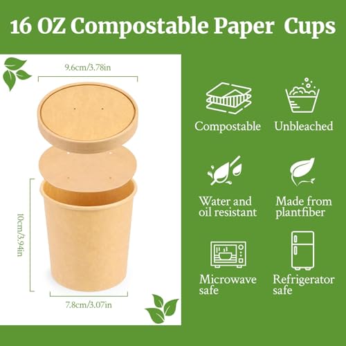 Image of 16 Oz 25 Pcs Paper Soup Cups with Lids, Paper Ice Cream Cups | Biodegradable Soup Containers with Lids, To Go Soup Container for Ice Cream, Yogurt, Cold and Hot Food