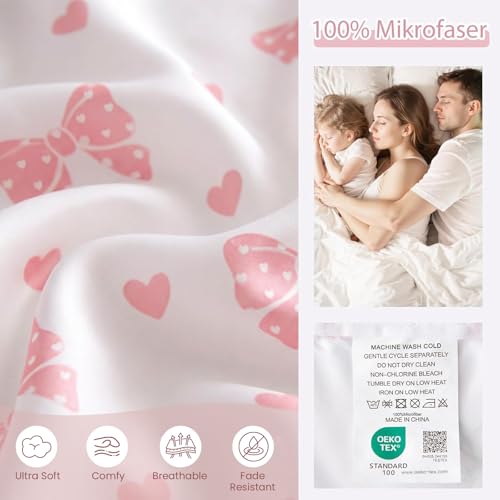 Image of Bow Duvet Cover Twin Size Pink Bows Heart Bedding Set Kids Boys Girls Love Heart Bowknot Soft Breathable Microfiber Comforter Cover Set with Zipper Closure and 1 Pillowcase (No Comforter)