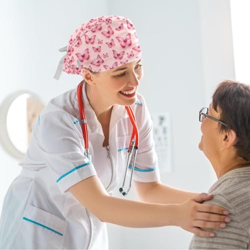 Image of Colored Butterflies Scrub Caps Women Ponytail, Adjustable Bouffant Surgical Caps with Button, Nurse Hats Long Hair
