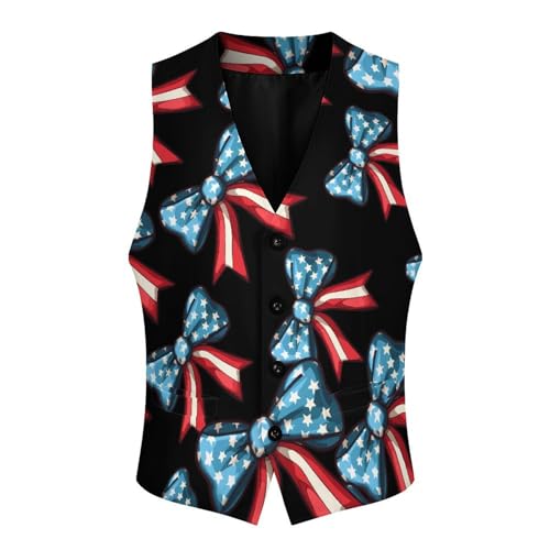 Bow US Flag Men's Suit Vests Business Formal Dress Vest V-Neck Waistcoat for Wedding Casual4
