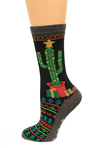 HotSox Womens Christmas Cactus Non Skid Socks, Black, 1 Pair, Womens Shoe 4-10