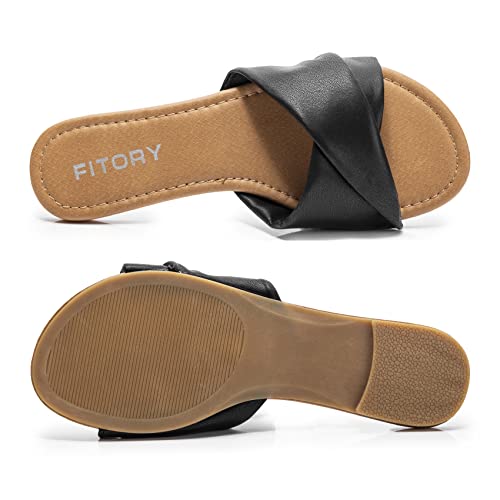 Image of FITORY Women's Flat Sandals Fashion Slides With Soft Leather Slippers for Summer Size 6-11