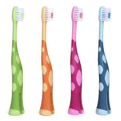 55DentalKids Toothbrush Set of Soft Giraffe Toothbrush for Kids 3-12. Easy-Grip, Bristle Cover, Self-Standing & Splited Bottom for Cup Rim. by Lix, 4 Colors