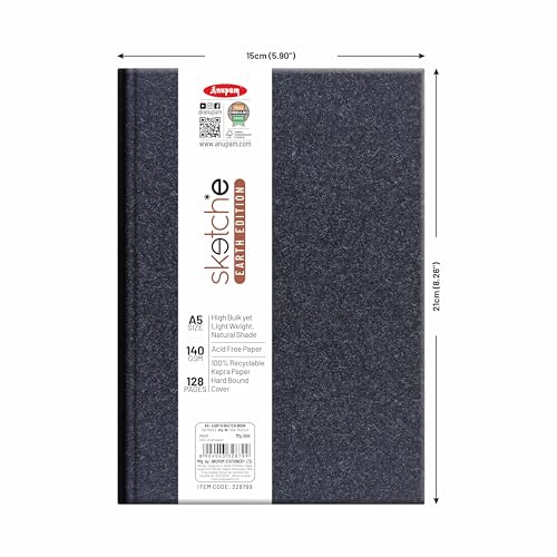 Image of Anupam Earth Sketche Drawing Book A5 | 100% Recycled Hardbound Cove Book | 140 GSM | Acid Free 65 Sheets / 128 Pages | Drawing Sketchbook for Artists and Students | for Dry Techniques