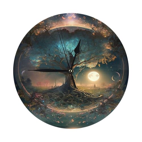 BURSTDAN Moon Phase Tree of Lifes 10in Battery Round Silent Clock Non-Ticking Wall Clock-Modern Style Decorative for Living Room, Kitchen, Home,Bathroom, Bedroom
