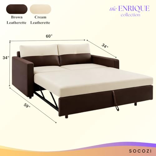 Image of SOCOZI Enrique 2 Seater Sofa Cum Bed | Premium Leatherette Upholstery | Modern Convertible Design | Comfortable Seating & Sleeping Solution for Living Room (Dark Brown-Cream)