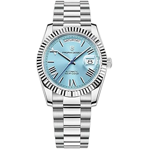 Pagani Design Men's Watches, 36mm Automatic Mechanical Stainless Steel 100M Waterproof Luxury Wrist Watch for Men, Double Date Display Sapphire Dial Glass (Light Blue HA-1752) Cover