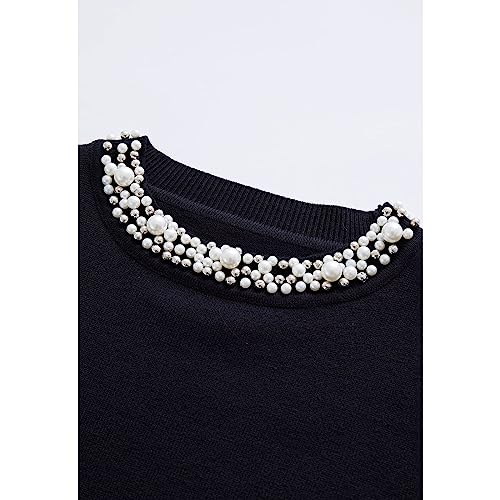 Image of CHICWISH Women's Caramel /Black /Navy /Dusty Blue /Cream /White Pearl Trimmed Soft Knit Top