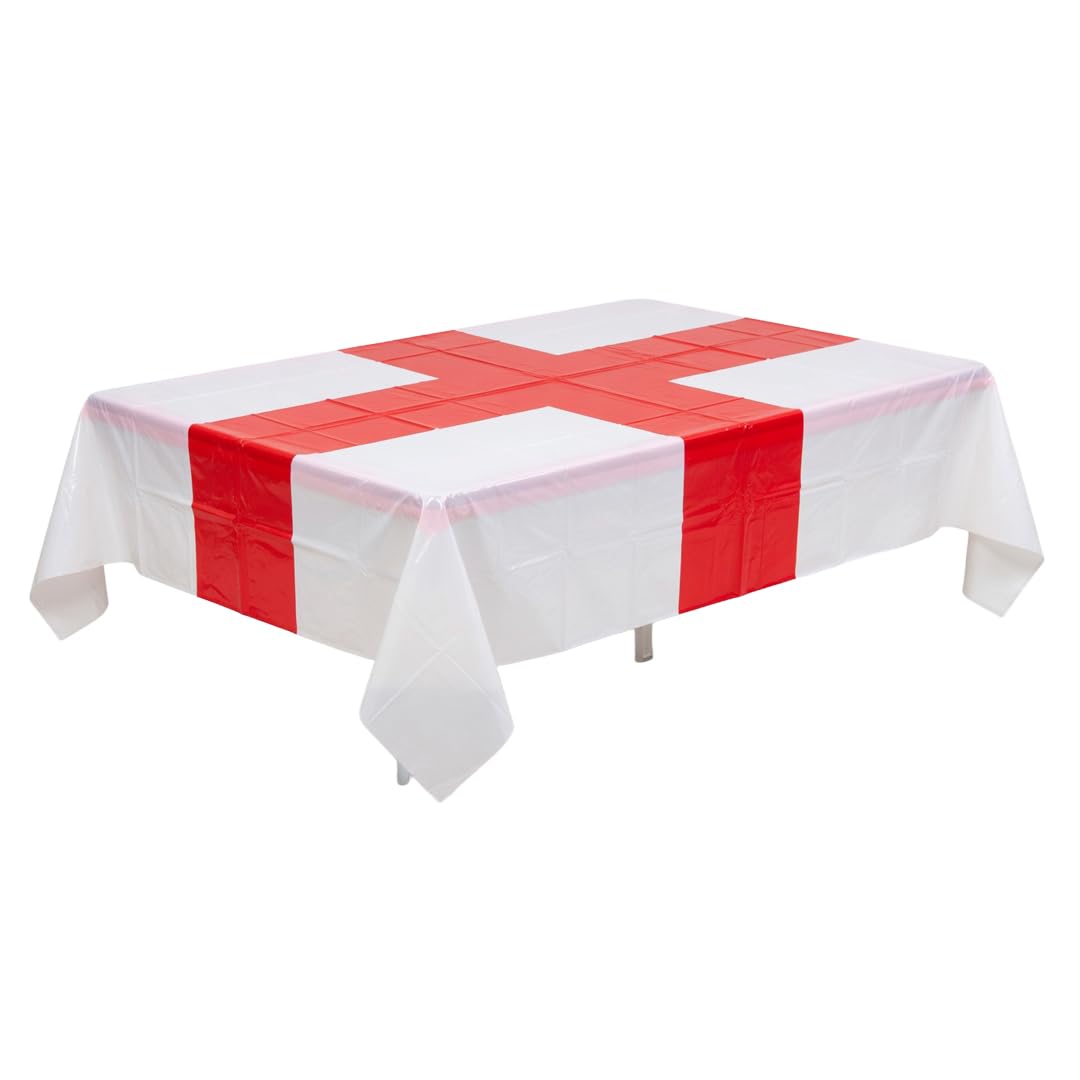 Gem Imports St George’s Cross England Flag Party Plastic Tablecover 1.78m x 1.32m – Disposable Football Table Cover for Celebrations