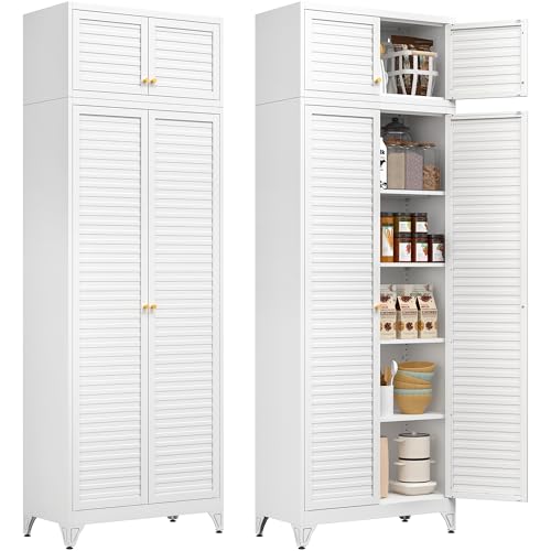 Kitchen Pantry Cabinet, 90" Tall Metal Storage Cabinet, Food Pantry cabinets with Doors and Shelves, Steel Cabinets for Living Room, Dining, White,16" D x 32" W x 90" H, Assembly Required Wh