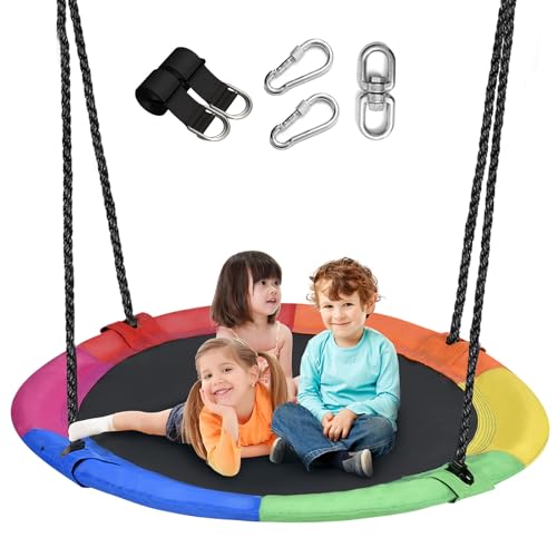 43 inch Saucer Tree Swing for Kids,Durable Textilene Round Swing Heavy Duty, Waterproof and All-Weather Resistant,Swivel,Adjustable Strong Ropes,Easy to Install,Outdoor Playground Backyard