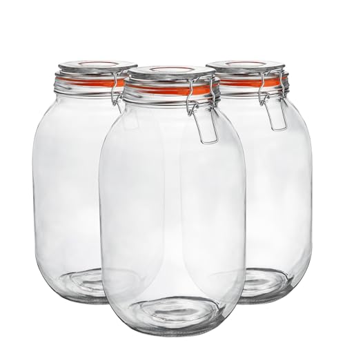 Argon Tableware Glass Jars with Airtight Metal Clip Lid - 3000ml/105.5oz - 3 Pack - 4 Colour Seals - Extra Large Container Round Preserving Jar for Pickling Chutney Jam Coffee Biscuit