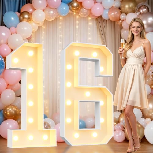 Image of Pooqla 4FT Marquee Numbers, Large Light Up Number 16th Birthday Party Decor | Warm White LED Marquee Light Up Numbers 4 Feet Tall, Party Decorations for 16th 61st Birthday Anniversary Photo Backdrop