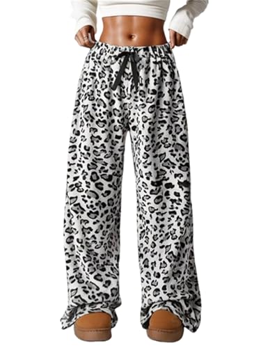 Image of VCM Leopard Print Pants Y2k High Waisted Baggy Trousers Drawstring Fluffy Cheetah Fuzzy Pajama Sleepwear