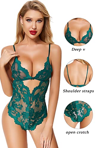 Adsexy Lingerie For Women Lace Sexy Naughty Teddy See Through Bodysuits V Neck Backless Mini Babydoll Floral One Piece Dark Green #TOP2