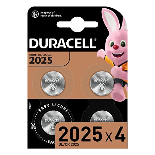 DURACELL 2025 Lithium Coin Batteries 3V (4 Pack) - Up to 70% Extra Life - Baby Secure Technology - For Use in Key Fobs, Fitness Watches and 3D Glasses - Baby Secure Packaging