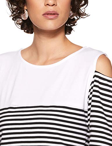 Image of Miss Chase Women's Navy Blue and White Round Neck Half Sleeves Striped Cold Shoulder Top