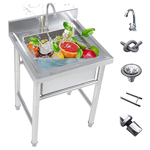 Psfghvz Fregadero de Cocina 1 Seno, Industrial de 304 Acero Inoxidable con Right Banco de Trabajo, Lavadero Independiente con Grifo Patas Escurridor para Interior Exterior,Limpieza Fácil, 70cm/27.5in