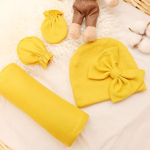 Image of AQOKKA Baby Swaddle Blankets with Bow Hat Mittens Set Infant Receiving Blankets Swaddles for Newborns Unisex Toddler Swaddle Wrap Sets for Baby Girls Boys Nursery Warm Shower Gift