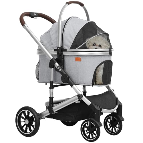 PawHut Hundewagen 3 in 1 Hundebuggy klappbar für Hunde & Katzen bis 10 kg Katzenbuggy mit Kissen Netzfenstern Türen Aufbewahrungskorb Katzenwagen Buggy Hellgrau