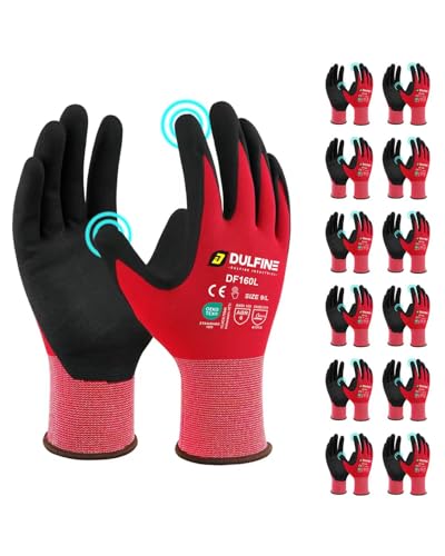 DULFINE MicroFoam Nitrile Coated 12 Pairs Work Gloves for Men Red L