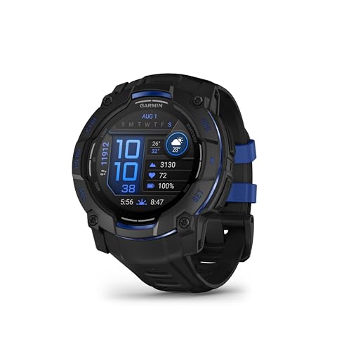 Garmin Instinct® 3 – 50 mm, AMOLED Display, Rugged Outdoor GPS Smartwatch, Built-in Flashlight, Supernova Collection Limited Edition Color, Black with Bolt Blue Silicone Band