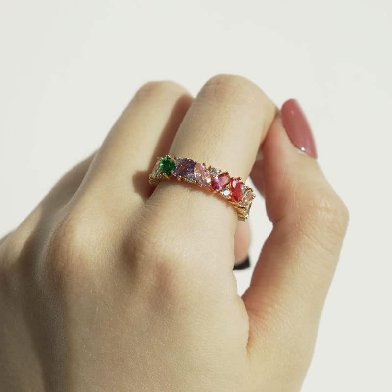 Michooyel Eternity Rainbow Ring Band Ring for Women 18K Gold Plated Oval Multicolor Cubic Zirconia Eternity Ring - Image 6