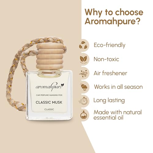 Image of Aromahpure Premium Car Perfume Hanging Pod |10 ML |Musk Fragrance Car Air Freshener |Natural Fragrance Oils in Glass Bottle with Wooden Diffuser Lid |Last upto 30 Days (Pack 3), IFRA certified