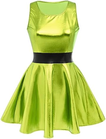 Odizli 80s Outfit 90s Women's Wetlook Glitter Metallic Holographic  Sleeveless Skater Mini Dress Space Alien Costume Festival Rave Disco Neon  Party ...