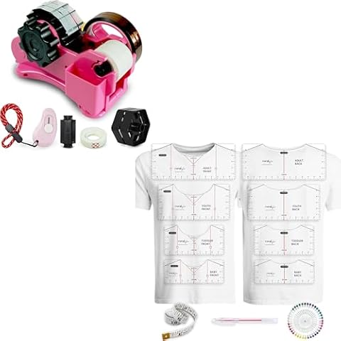 FINFINLIFE Pink Heat Tape Dispenser, 11Pcs Upgraded Tshirt Ruler Guide for Vinyl Alignment, Higher Precise Shirt Ruler, Round & V Neck Multipurpose Bicolor Measurement Tool Cover