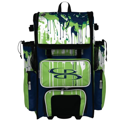 Boombah Rolling Superpack Baseball/Softball Gear Bag - Telescopic Handle - Holds 4 Bats - Wheeled Version - Graffiti Drip Navy/Lime Green/White