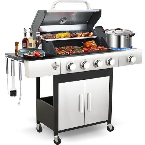 49000 BTU Output Propane Gas Grill with Side Burner and 4 Main Burners - Double-layer Stainless...