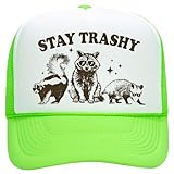Stay Trashy Funny Raccoon Graphic Classic 5 Panel Mesh Snap Back Trucker Hat Neon Green Trucker Hat