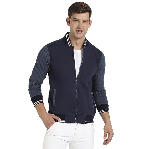 Image of Campus Sutra Men's Navy Blue Zip-Front Jacket With Contrast Striped Hem For Casual Wear | Low-High Neck | Long Sleeve | Zipper Closure | Cotton Jacket Crafted With Comfort Fit For Regular Wear