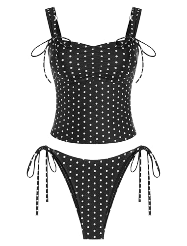Image of ZAFUL Tankini Swimsuits for Women Gingham Bow Decor Ruched Back Cross Tie Tankini Set Tummy Control 2 Piece Bathing Suits