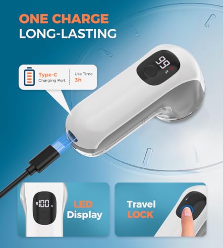 Image of BEAUTURAL Fabric Shaver, Rechargeable Lint Remover, Electric Portable Sweater Defuzzer with 3 Speeds, 6 Leaf Blades, Digital LED Display, Remove Pilling for Clothes, Furniture, Sweater, Couch, Blanket