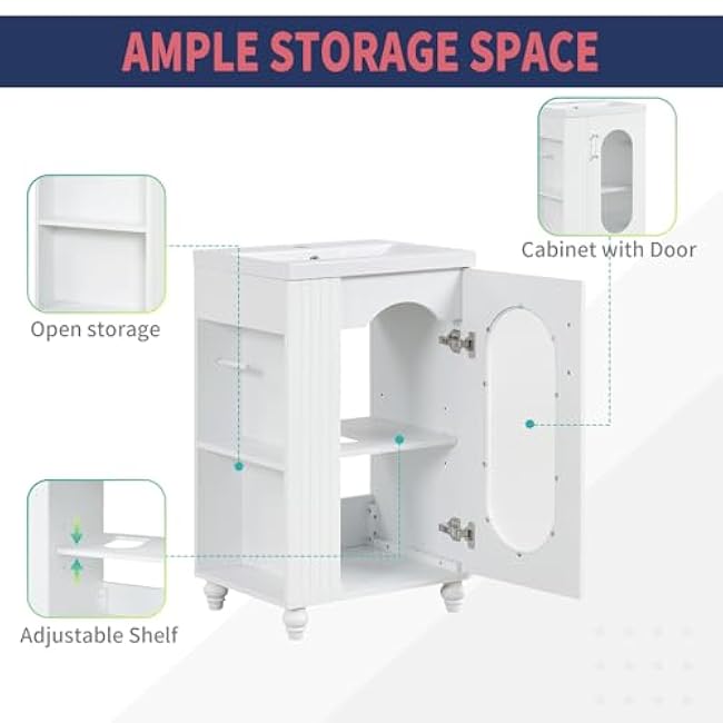 Narrow 20 Bathroom Vanity & Ceramic Sink Combo with Adjustable Shelf, Single Basin Freestanding Storage Cabinet with Toilet Paper Holder for Small Space, White