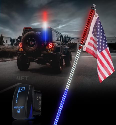 Xprite 1PC 4FT Red White Blue Spiral LED Whip Lights with Built-in Spring Base, Safety Lighted...