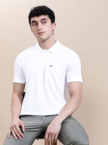 Image of CROCODILE Men Solid Polo T-Shirt | 100% Cotton | Short Sleeve | Slim Fit | Button Placket White