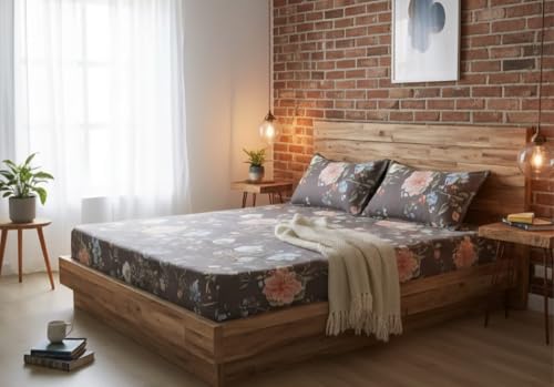 Image of Premium Glace Cotton Flat Double Bedsheets, 90 x 100 Inches with 2 King Size Pillow Cover 17 x 27 Inches, Floral (Brown)
