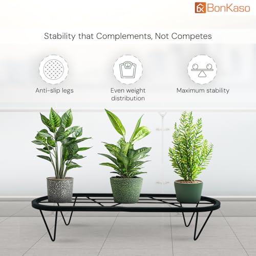 Image of BonKaso Heavy Duty Stadium Plant Stand: 60.9X 22.5 x 12.7 cm, Black - Set of 4, Modern Design for Indoor & Outdoor Use, Sturdy, Anti-Rust Planter Stand for Garden, Balcony, Patio