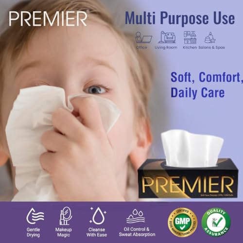 Image of Premier 2-Ply Box Face Tissue Papers - 100 Pulls per Box (Pack of 4, 400 Pulls, 800 Sheets) -Ultra Soft, Gentle & Highly Absorbent Facial Tissues for Home, Office, Car & Travel | Black-Gold