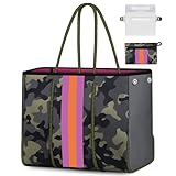 IBFUN Neoprene Bag, Large Multipurpose Beach Bag Neoprene Tote Bag with Inner Pocket for Women/Pool(Camo Green)