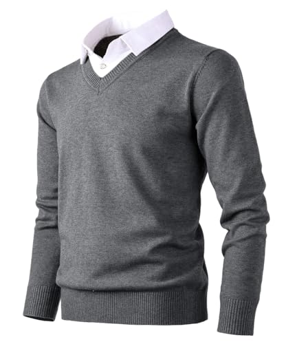 Herothorn Gebreide trui voor heren, modieuze pullover, sweatshirt met zachte grip, V-hals en geruite of witte hemdkraag, B-grijs, XL