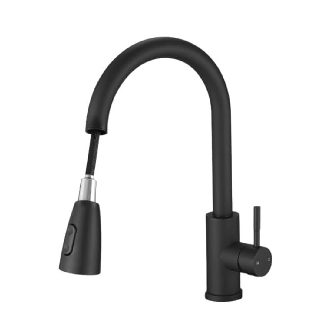 Kruvad Kitchen Sink Faucet Deck Mount Pull Out Crane Hot Cold Water Mixer Tap 360 Degree Rotation Single Hole Sprayer Splash Filter Adapter Two Outlet Modes, Stainless Steel, Polished