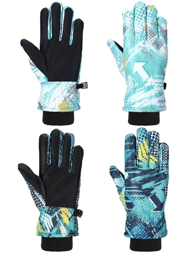 Image of Honoson 2 Pairs Kids Snow Gloves, Winter Waterproof | for Outdoor Snowboard Sledding, Warm Fleece Lining, Windproof, Adjustable Wrist Strap, Youth Cold Weather Ski Glove