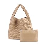 Hand Woven Tote for Women - Vegan Leather Handle Handbag, Travel Shoulder Bag, Hobo and Beach Bag With Purse