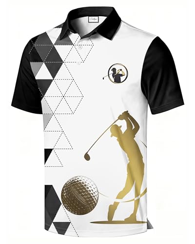 COOLLYME Men's Golf Polo Shirt, Black and White Argyle with Gold Golfer Graphic, Short Sleeve, 100% Polyester, Regular Fit
