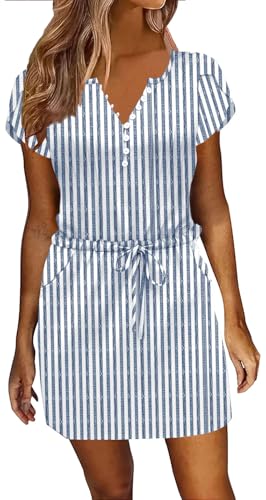 Image of Womens Summer Casual Dresses Short Sleeve Striped Dress Boho Beach Vacation Tie Drawstring Waist Sun Dresses with Pockets