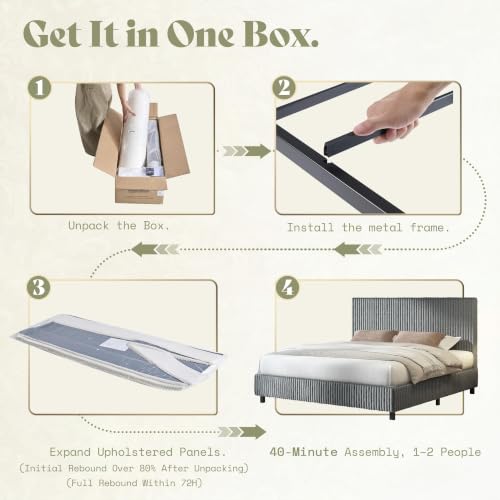 Image of AMERLIFE King Bed Frame, Upholstered Metal Platform Bed with Vertical Channel Tufted Headboard, Soft Fabric & Strong Metal Slats, No Noise Easy Assembly, Grey King Upholstered Bed and Headboard